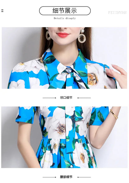 Slimming Rose Print Empire Waist Long Shirt Dress Women's Cross-Border Fashion Summer New Style Knee-Length Elegant Dress