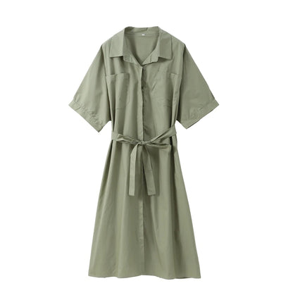 Casual Women's Lace Up Dress Single-Breasted Turn-Down Collar Short Sleeve Lady Dresses 2025 Spring Summer Loose Female Robe