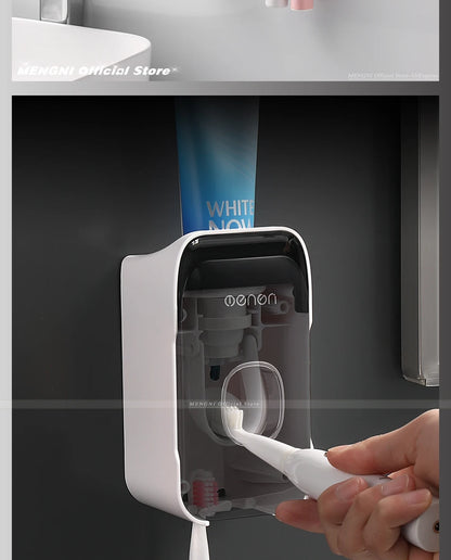 MENGNI Automatic Toothpaste Dispenser Wall-Mounted Bathroom Toothpaste Squeezer Punch-Free Toothbrush Holder Rack Bathroom Acces