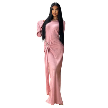 2024 Autumn Fashion Women's Leisure Elegant Maxi Dress Metal Buckle Retro Solid Long A-line Women's Dress Party Vestidos Robes