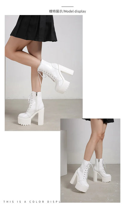 Ankle Boots Round Toe Block High Heel 14cm Platform Zipper Lace Up Plus Size 35-43 Party Booty Solid Platform Boots Ladies Shoes