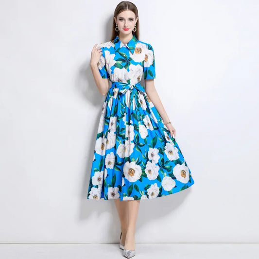Slimming Rose Print Empire Waist Long Shirt Dress Women's Cross-Border Fashion Summer New Style Knee-Length Elegant Dress