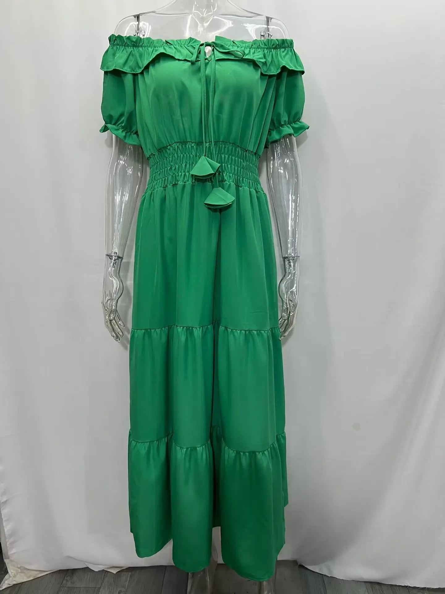 Spring Summer Women's New Dress, Women's Fashion Temperament, Ruffle Edge One Neck Short Sleeved Bubble Sleeve Dress