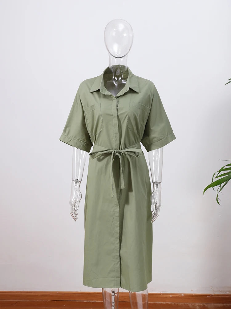 Casual Women's Lace Up Dress Single-Breasted Turn-Down Collar Short Sleeve Lady Dresses 2025 Spring Summer Loose Female Robe