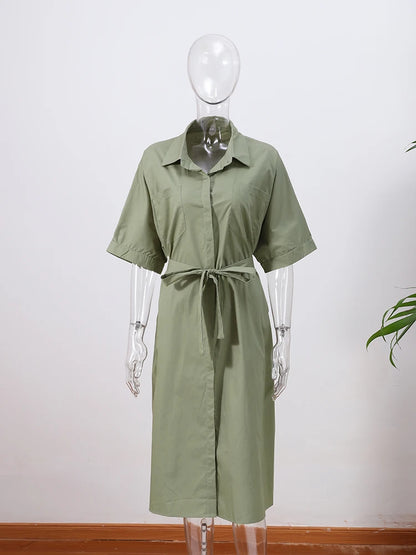 Casual Women's Lace Up Dress Single-Breasted Turn-Down Collar Short Sleeve Lady Dresses 2025 Spring Summer Loose Female Robe