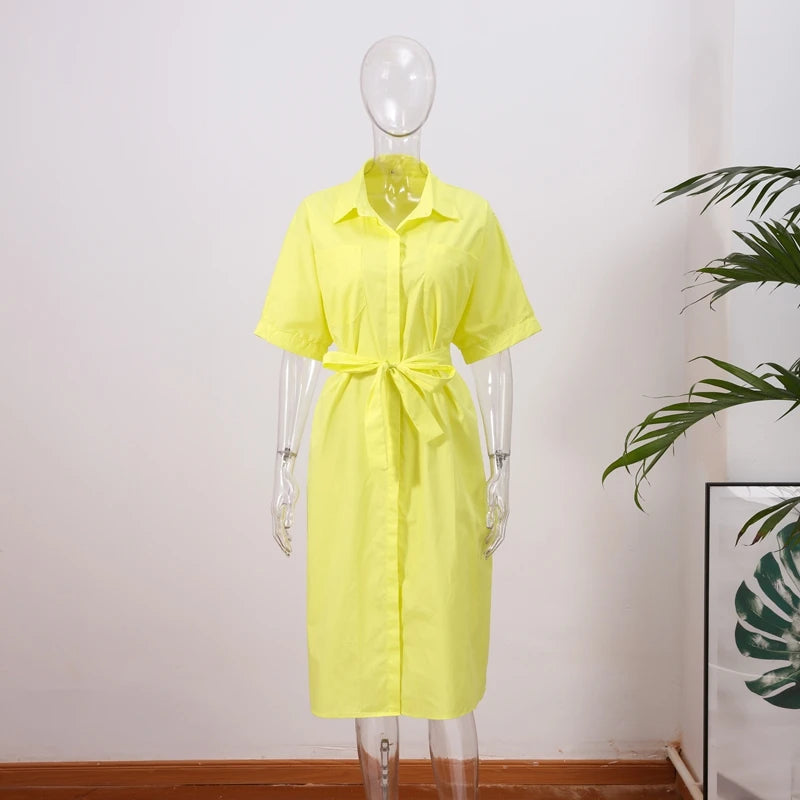 Casual Women's Lace Up Dress Single-Breasted Turn-Down Collar Short Sleeve Lady Dresses 2025 Spring Summer Loose Female Robe