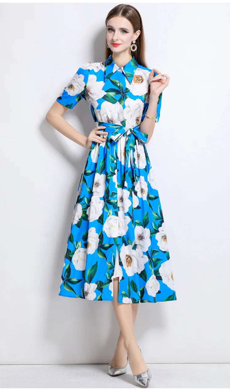 Slimming Rose Print Empire Waist Long Shirt Dress Women's Cross-Border Fashion Summer New Style Knee-Length Elegant Dress
