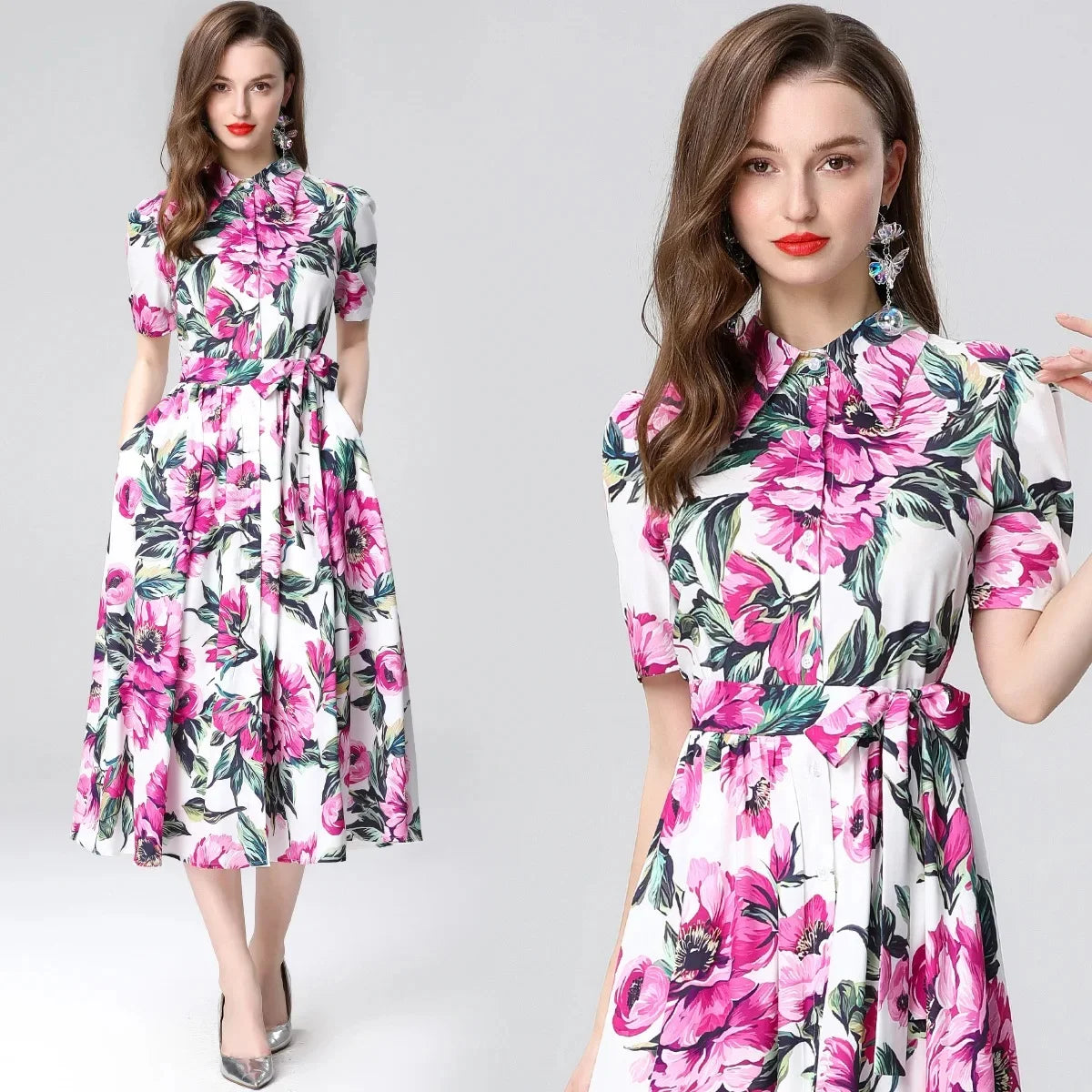 Slimming Rose Print Empire Waist Long Shirt Dress Women's Cross-Border Fashion Summer New Style Knee-Length Elegant Dress