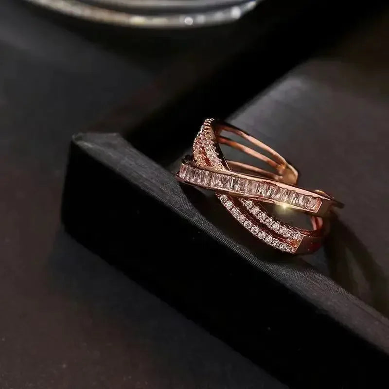 MOONBIFFY Gold Stainless Steel Cross Zircon Wedding Band Ring for Women