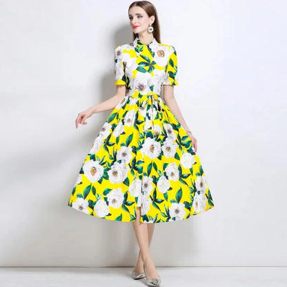 Slimming Rose Print Empire Waist Long Shirt Dress Women's Cross-Border Fashion Summer New Style Knee-Length Elegant Dress