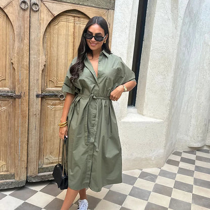 Casual Women's Lace Up Dress Single-Breasted Turn-Down Collar Short Sleeve Lady Dresses 2025 Spring Summer Loose Female Robe