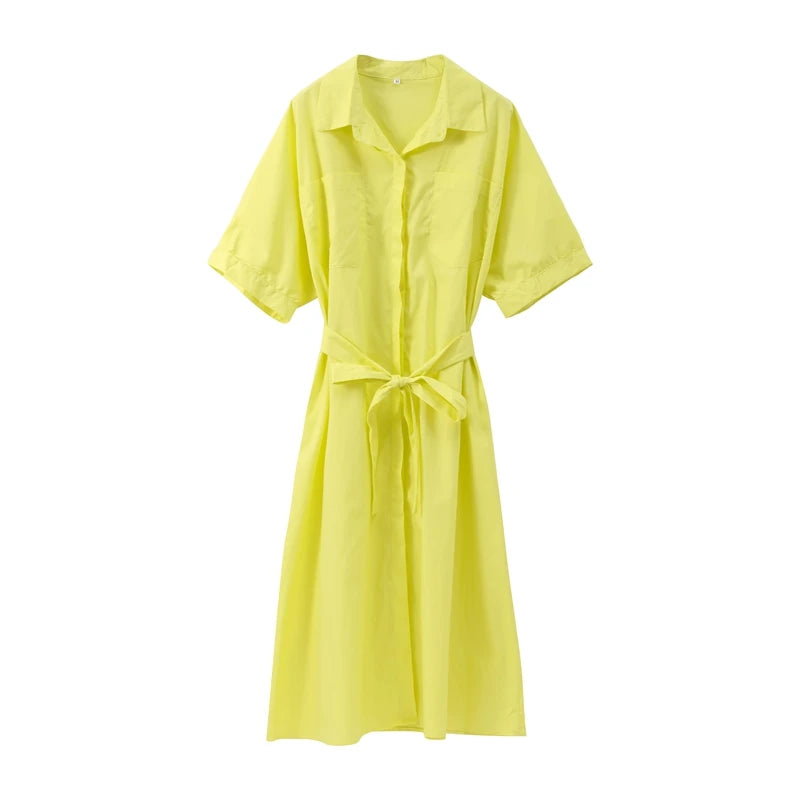 Casual Women's Lace Up Dress Single-Breasted Turn-Down Collar Short Sleeve Lady Dresses 2025 Spring Summer Loose Female Robe
