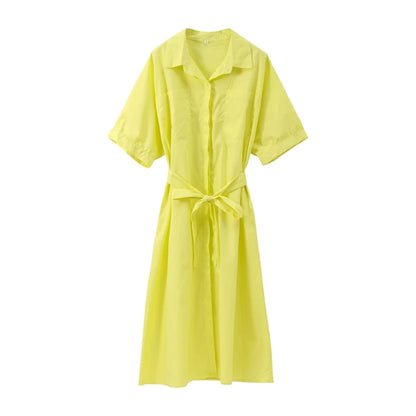 Casual Women's Lace Up Dress Single-Breasted Turn-Down Collar Short Sleeve Lady Dresses 2025 Spring Summer Loose Female Robe
