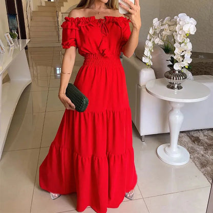 Spring Summer Women's New Dress, Women's Fashion Temperament, Ruffle Edge One Neck Short Sleeved Bubble Sleeve Dress