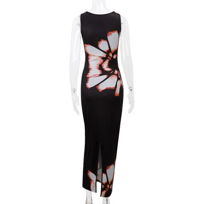 Hollow Out Printed Sleeveless Maxi Dress Women's Summer Fashion Slim High Waist Sexy Elegant Female Bodycon Long Dress New