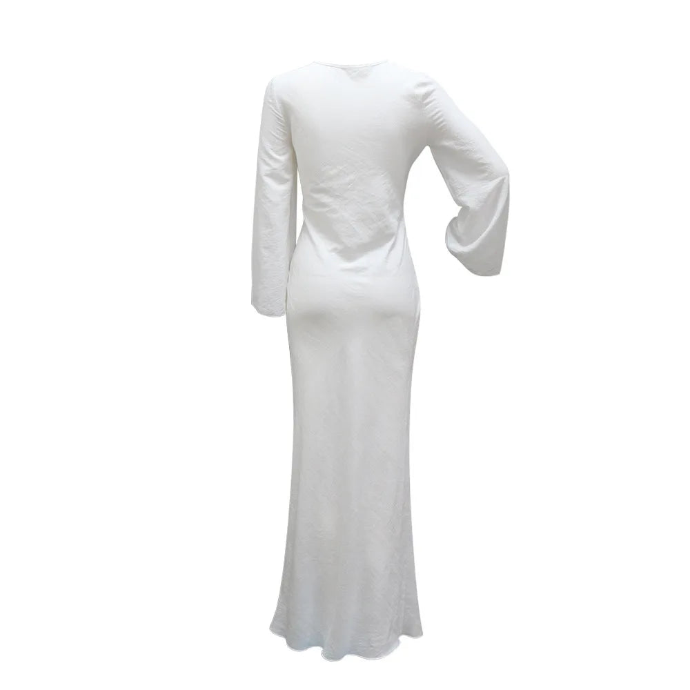 2024 Autumn Fashion Women's Leisure Elegant Maxi Dress Metal Buckle Retro Solid Long A-line Women's Dress Party Vestidos Robes