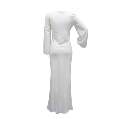 2024 Autumn Fashion Women's Leisure Elegant Maxi Dress Metal Buckle Retro Solid Long A-line Women's Dress Party Vestidos Robes
