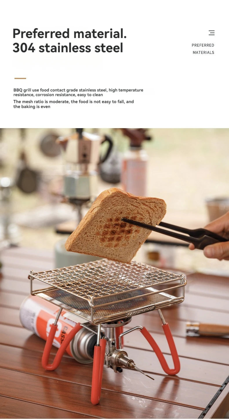 CAMPINGMOON Outdoor Camping 304 Stainless Steel Folding Toast Grill Net, Evenly Baked Card Type Gas Stove Barbecue Net