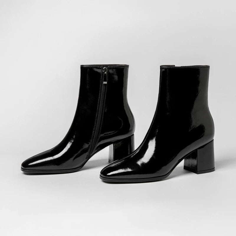 HypeHub Women's Patent Leather Ankle Boots – Black Zipper, Square Heel