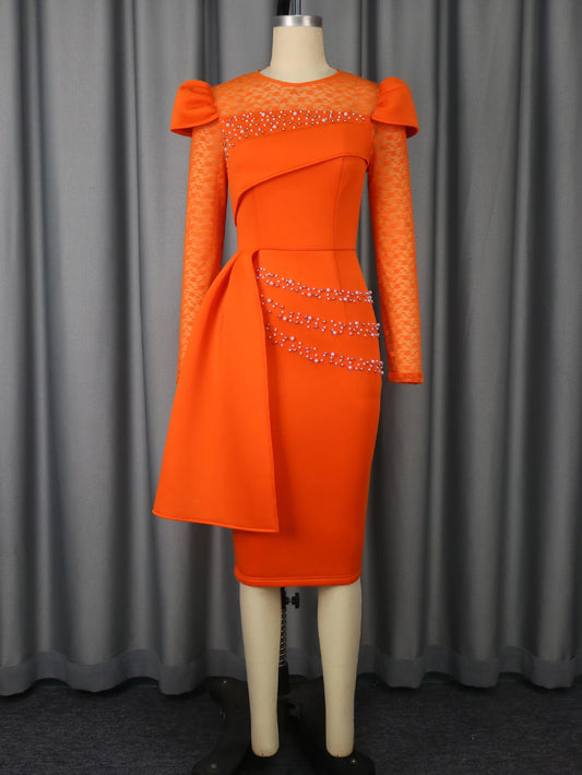 AOMEI Women's Embroidered Sheath Midi Dress – Long Sleeve Patchwork