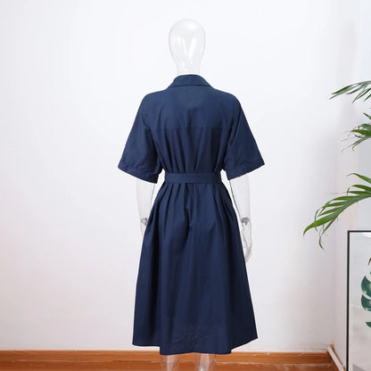 Casual Women's Lace Up Dress Single-Breasted Turn-Down Collar Short Sleeve Lady Dresses 2025 Spring Summer Loose Female Robe