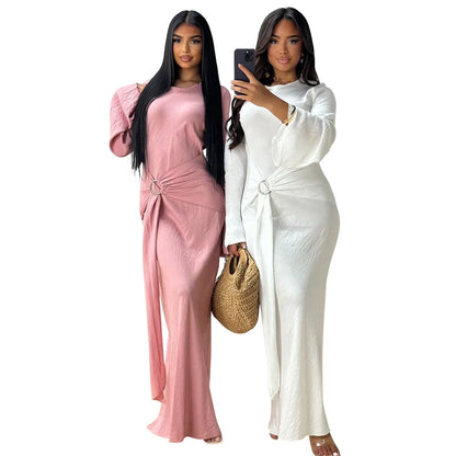 2024 Autumn Fashion Women's Leisure Elegant Maxi Dress Metal Buckle Retro Solid Long A-line Women's Dress Party Vestidos Robes