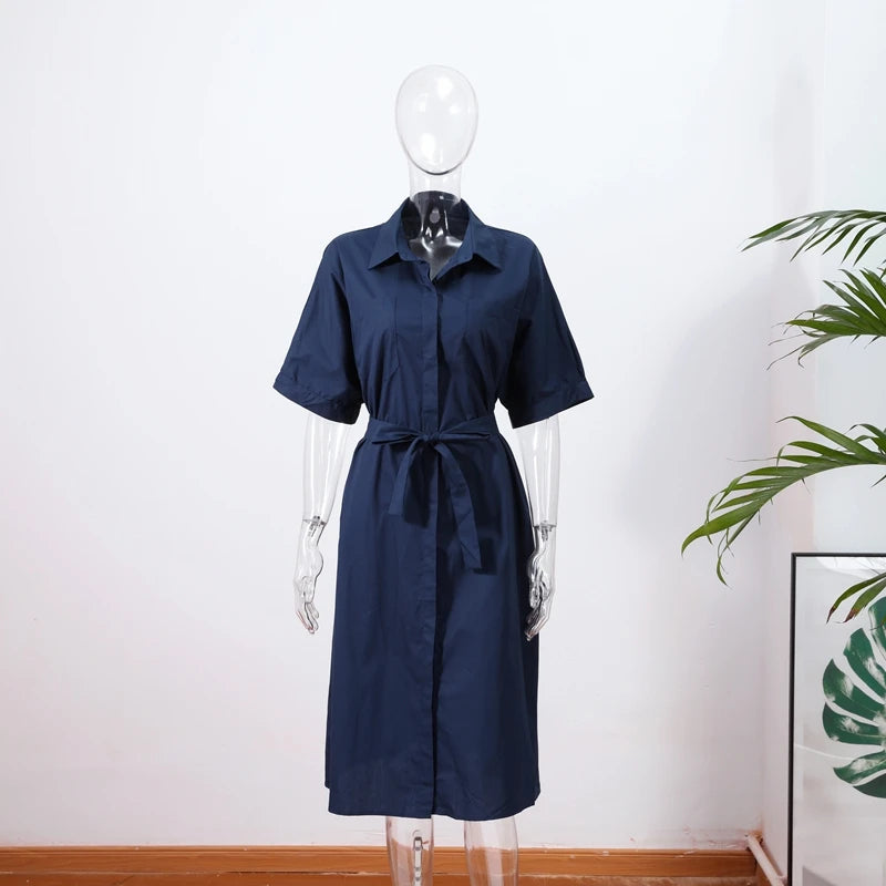 Casual Women's Lace Up Dress Single-Breasted Turn-Down Collar Short Sleeve Lady Dresses 2025 Spring Summer Loose Female Robe