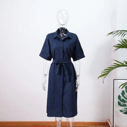 Casual Women's Lace Up Dress Single-Breasted Turn-Down Collar Short Sleeve Lady Dresses 2025 Spring Summer Loose Female Robe