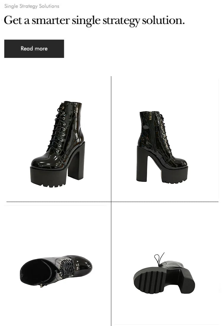Ankle Boots Round Toe Block High Heel 14cm Platform Zipper Lace Up Plus Size 35-43 Party Booty Solid Platform Boots Ladies Shoes