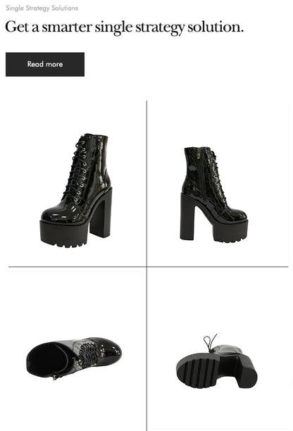 Ankle Boots Round Toe Block High Heel 14cm Platform Zipper Lace Up Plus Size 35-43 Party Booty Solid Platform Boots Ladies Shoes