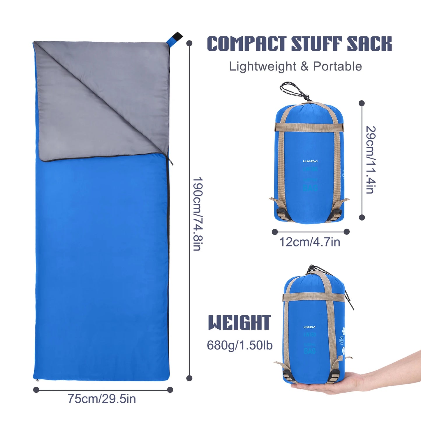 Lixada 190 * 75cm Outdoor Envelope Sleeping Bag Camping Travel Hiking Multifunction Ultra-light 680g
