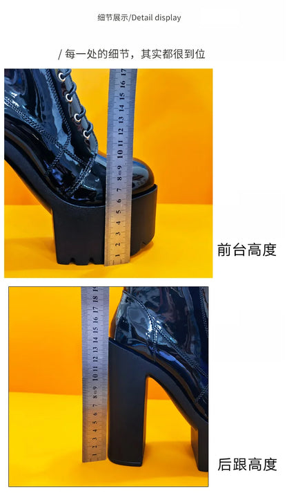Ankle Boots Round Toe Block High Heel 14cm Platform Zipper Lace Up Plus Size 35-43 Party Booty Solid Platform Boots Ladies Shoes