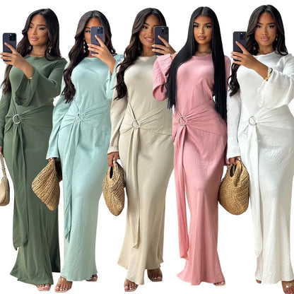 2024 Autumn Fashion Women's Leisure Elegant Maxi Dress Metal Buckle Retro Solid Long A-line Women's Dress Party Vestidos Robes