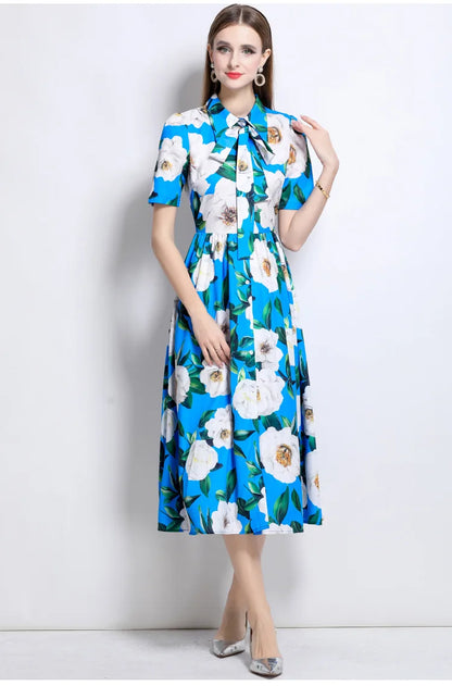 Slimming Rose Print Empire Waist Long Shirt Dress Women's Cross-Border Fashion Summer New Style Knee-Length Elegant Dress
