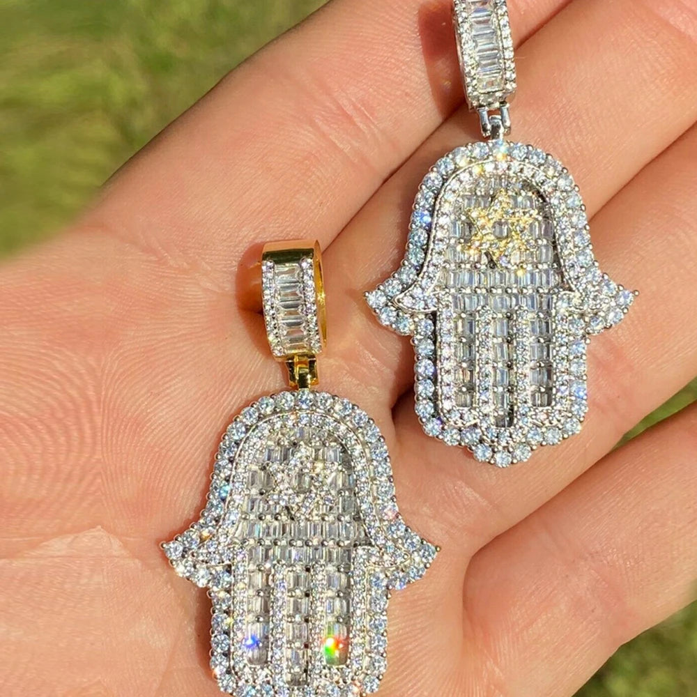 JYZSHINY Hamsa Hand Iced Out CZ Pendant Necklace – Men's Hiphop Bling