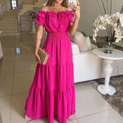 Spring Summer Women's New Dress, Women's Fashion Temperament, Ruffle Edge One Neck Short Sleeved Bubble Sleeve Dress