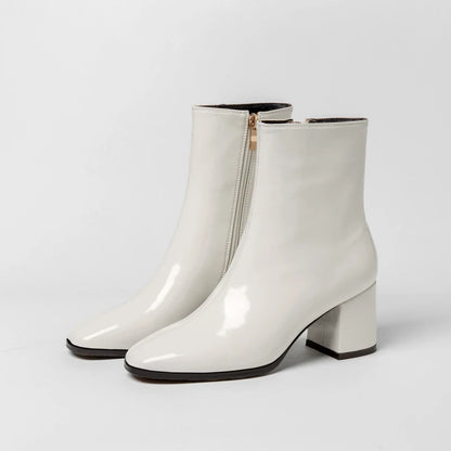 HypeHub Women's Patent Leather Ankle Boots – Black Zipper, Square Heel