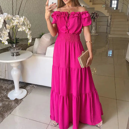 Spring Summer Women's New Dress, Women's Fashion Temperament, Ruffle Edge One Neck Short Sleeved Bubble Sleeve Dress