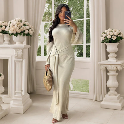 2024 Autumn Fashion Women's Leisure Elegant Maxi Dress Metal Buckle Retro Solid Long A-line Women's Dress Party Vestidos Robes