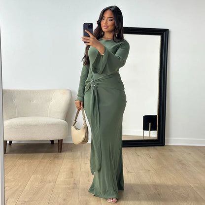 2024 Autumn Fashion Women's Leisure Elegant Maxi Dress Metal Buckle Retro Solid Long A-line Women's Dress Party Vestidos Robes