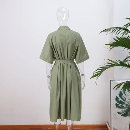 Casual Women's Lace Up Dress Single-Breasted Turn-Down Collar Short Sleeve Lady Dresses 2025 Spring Summer Loose Female Robe