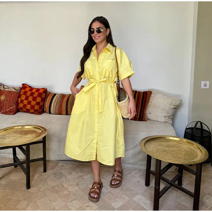 Casual Women's Lace Up Dress Single-Breasted Turn-Down Collar Short Sleeve Lady Dresses 2025 Spring Summer Loose Female Robe