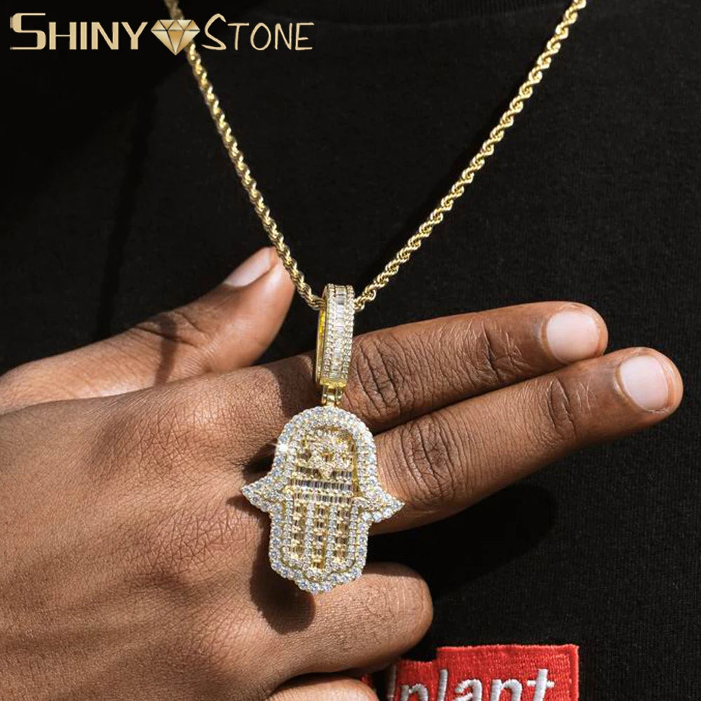 JYZSHINY Hamsa Hand Iced Out CZ Pendant Necklace – Men's Hiphop Bling