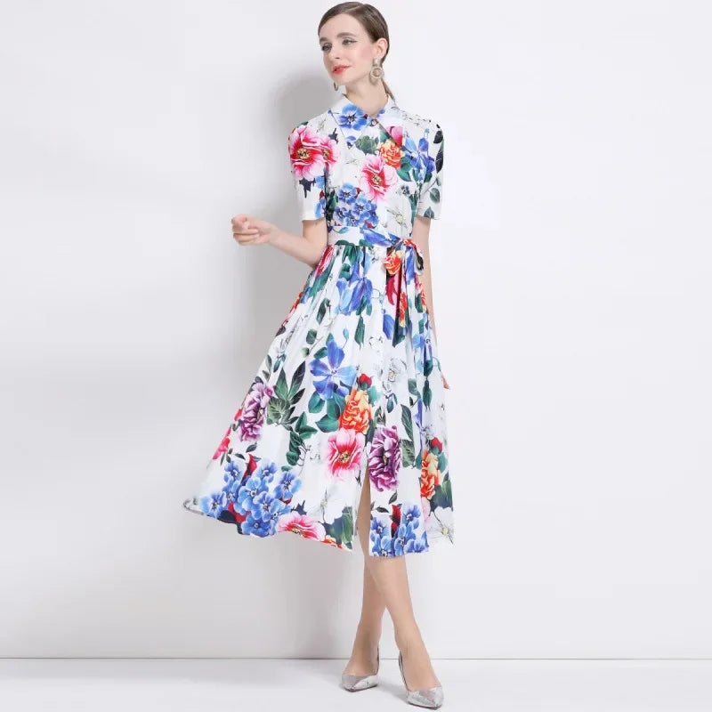 Slimming Rose Print Empire Waist Long Shirt Dress Women's Cross-Border Fashion Summer New Style Knee-Length Elegant Dress