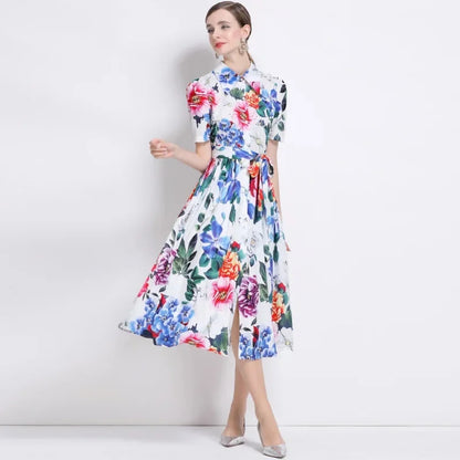 Slimming Rose Print Empire Waist Long Shirt Dress Women's Cross-Border Fashion Summer New Style Knee-Length Elegant Dress