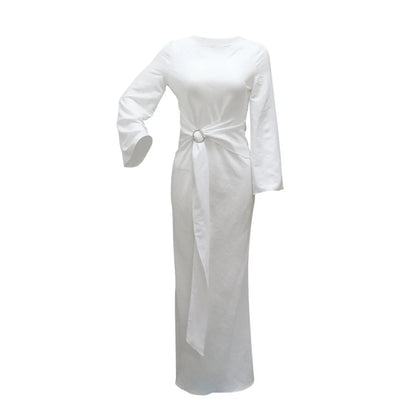 2024 Autumn Fashion Women's Leisure Elegant Maxi Dress Metal Buckle Retro Solid Long A-line Women's Dress Party Vestidos Robes