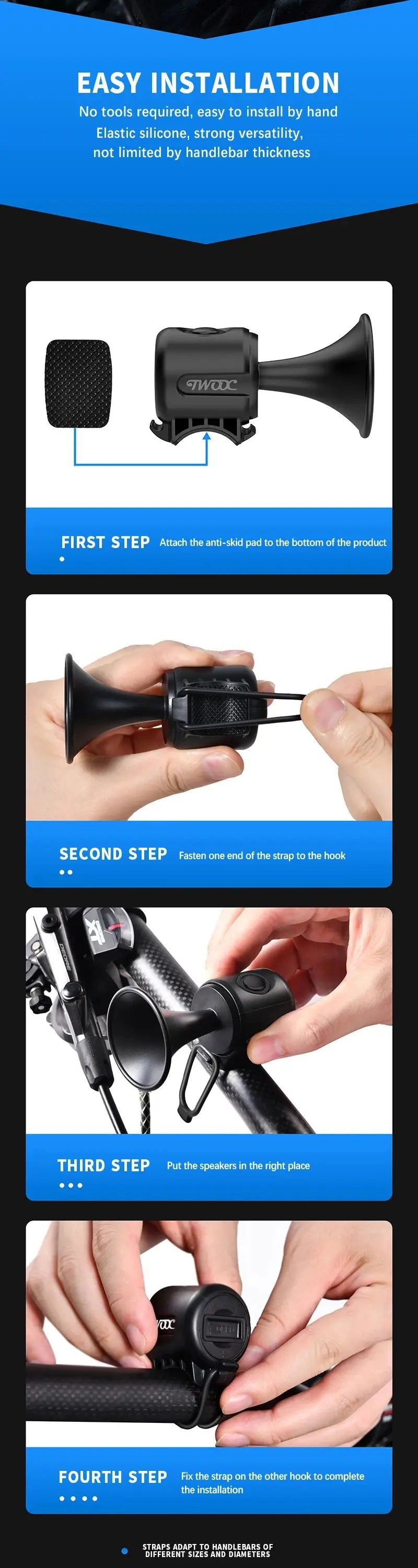 TWOOC 120dB Electric Bicycle Horn – Loud Warning for Road & MTB Bikes