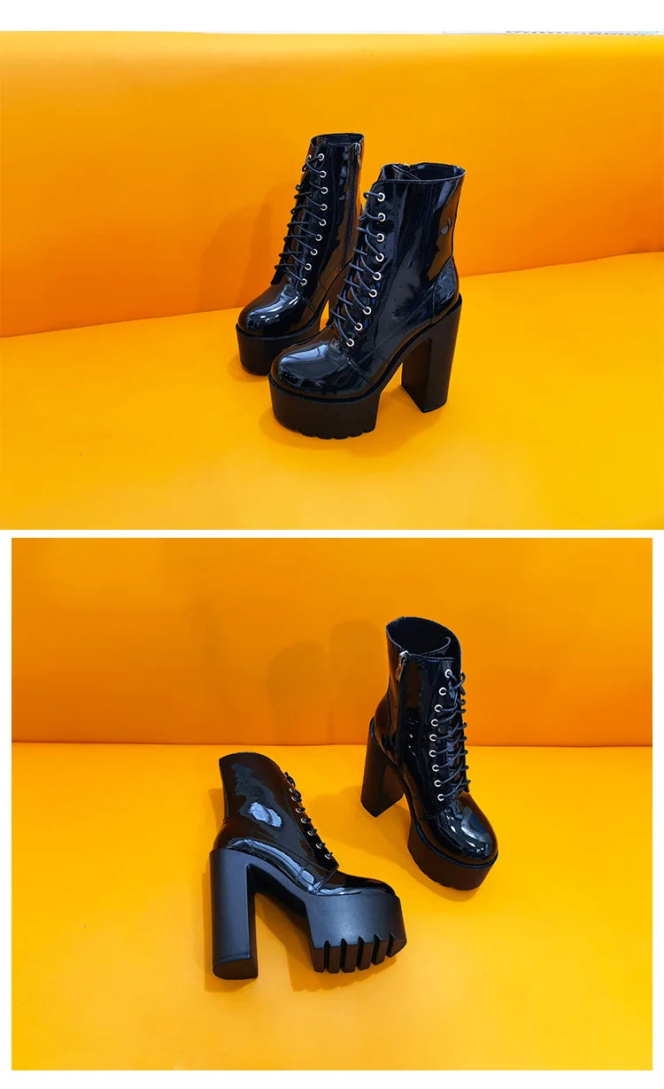 Ankle Boots Round Toe Block High Heel 14cm Platform Zipper Lace Up Plus Size 35-43 Party Booty Solid Platform Boots Ladies Shoes