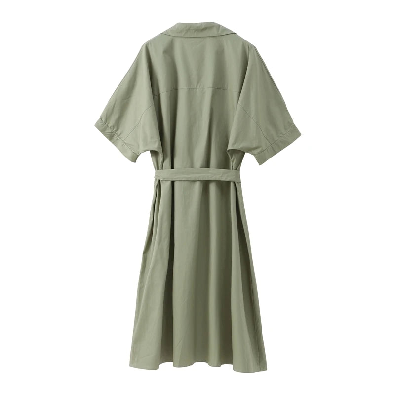 Casual Women's Lace Up Dress Single-Breasted Turn-Down Collar Short Sleeve Lady Dresses 2025 Spring Summer Loose Female Robe