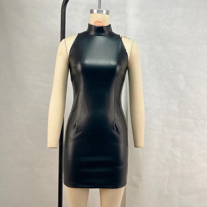 Fashion PU Leather Mini Dress Women Elegant Stand Collar Bodycon Short Party Dress Female Sexy Slim Sleeveless Evening Vestidos